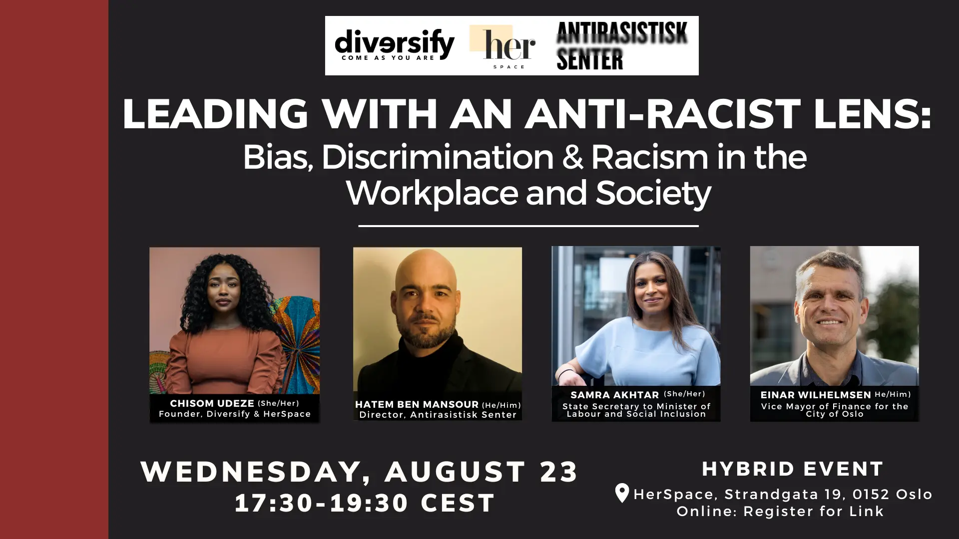 A poster for an event on Leading With A Anti-Racist Lens to be held on Wednesday, August 23 at 17.30 at HerSpace