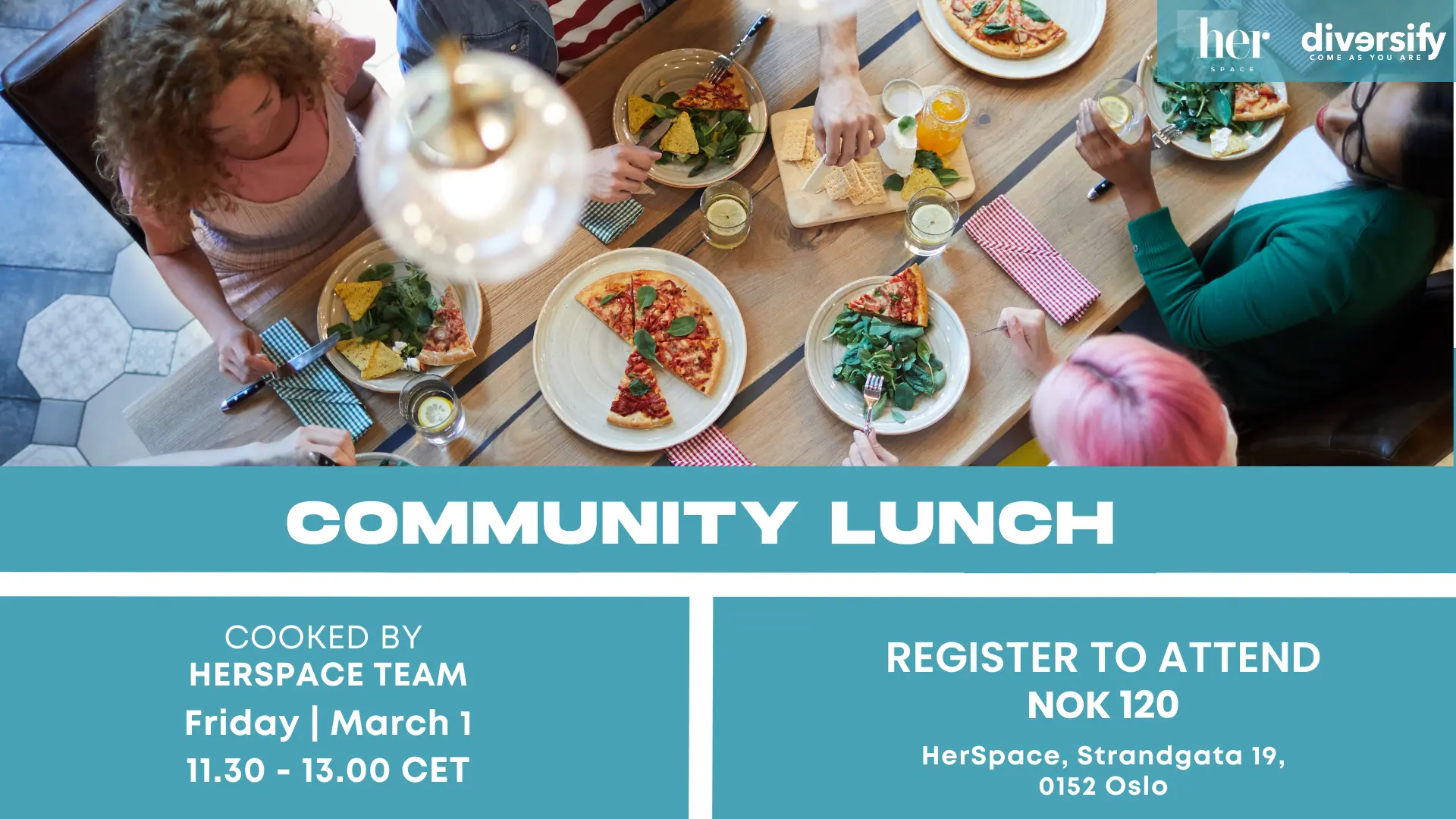 Poster for March 1 Community Lunch with white text on light blue background.