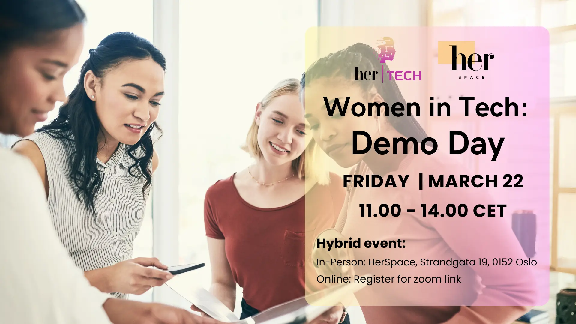 Pink and yellow poster for Demo Day featuring three women.