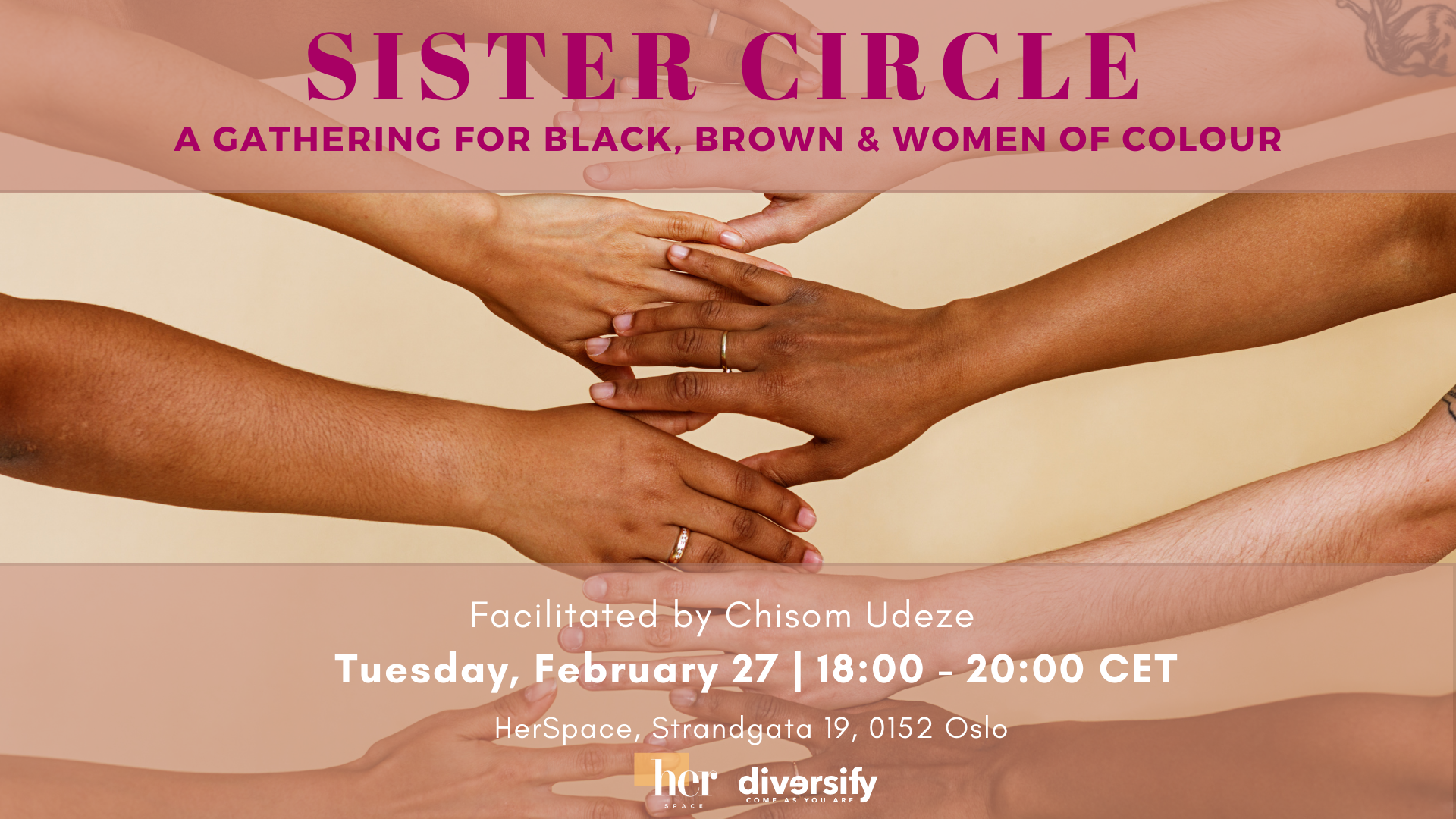 Poster for February 27 Sister Circle with pink text.