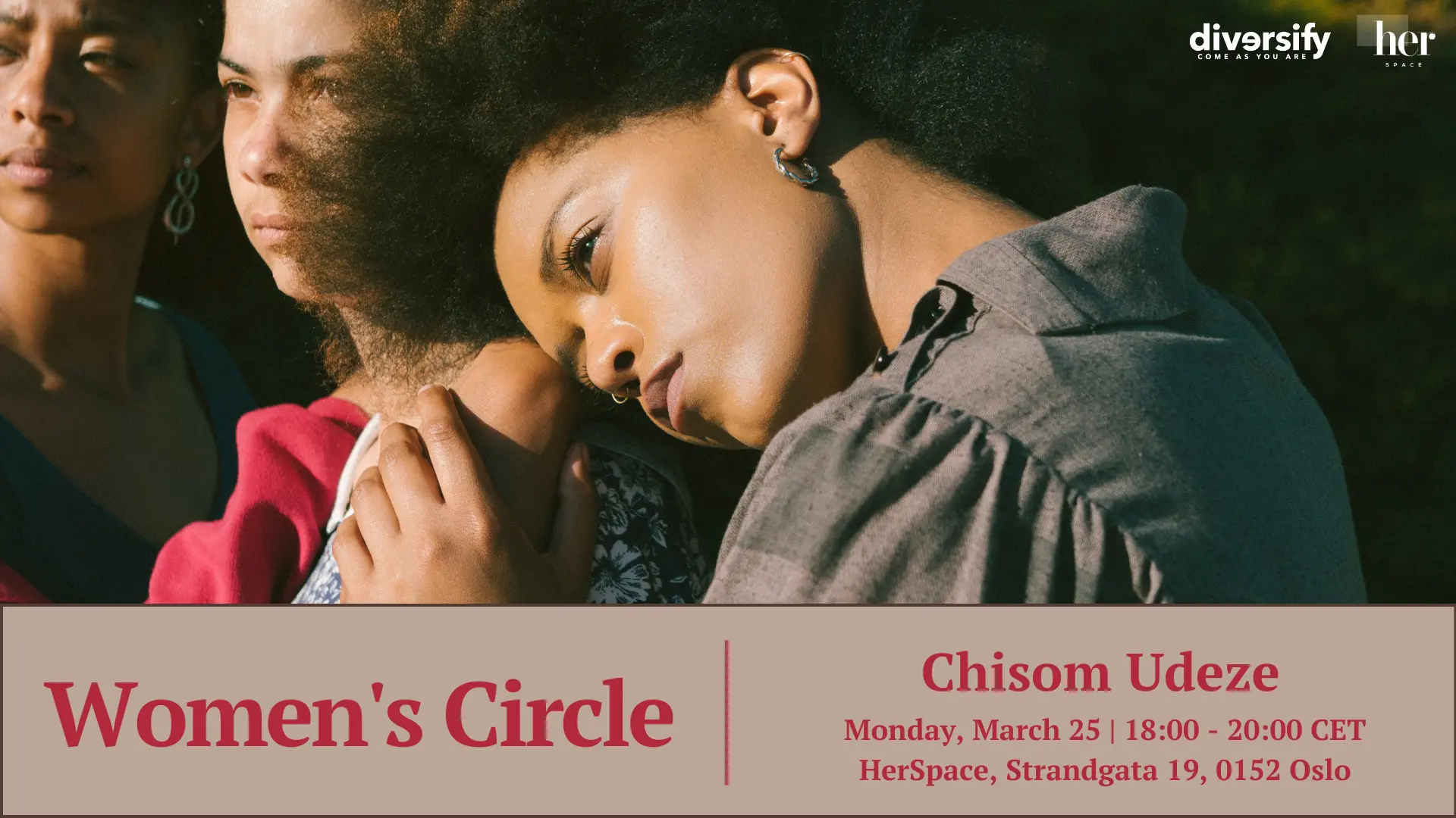Poster for Women's circle with dark pink text featuring three women standing together.