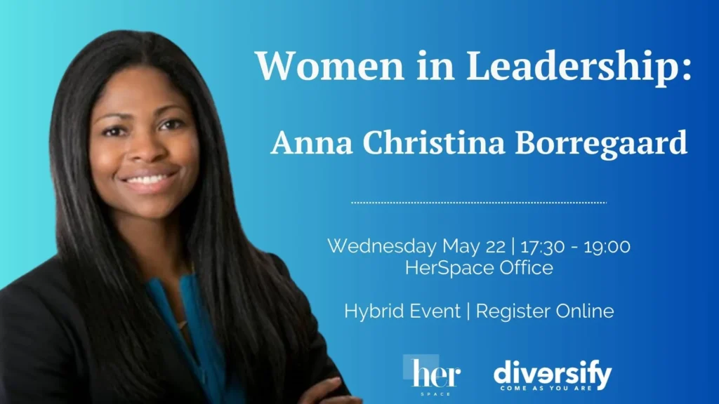 Blue poster for Women in Leadership May 22 featuring speaker headshot